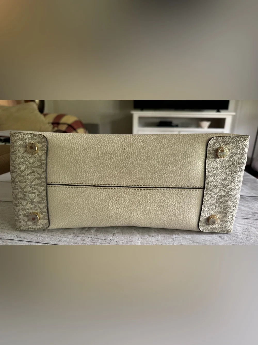 Michael Kors Cream Pebbled Leatherette Tote Satchel MK Signature Trim Zip Top